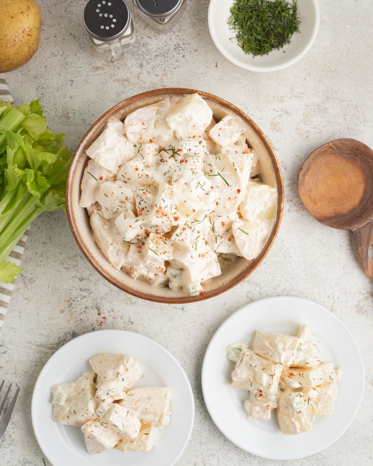 An overhead view of potato salad with no eggs.