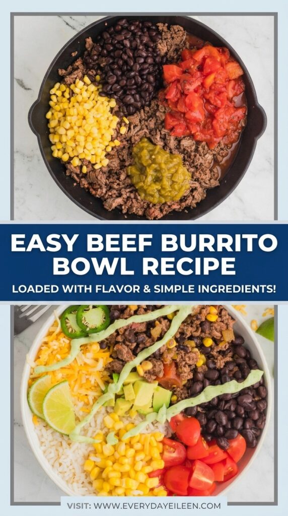 Pinterest pin for chipotle style beef burrito bowls.