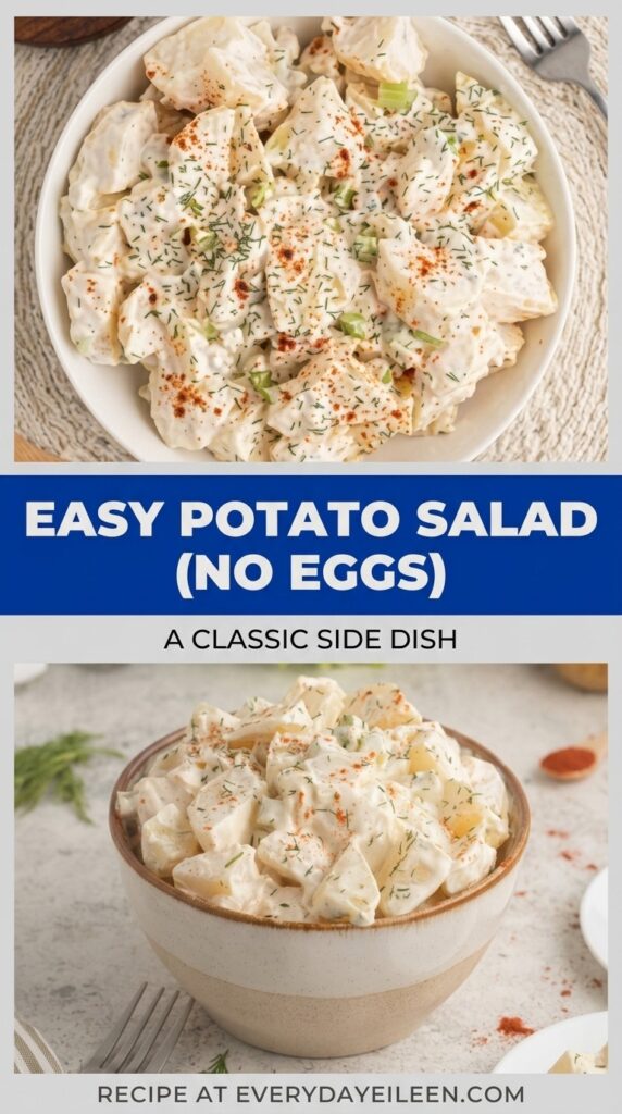 Two-panel collage showing two variations of creamy eggless potato salad in serving bowls, styled with fresh herbs and a classic deli-style dressing.