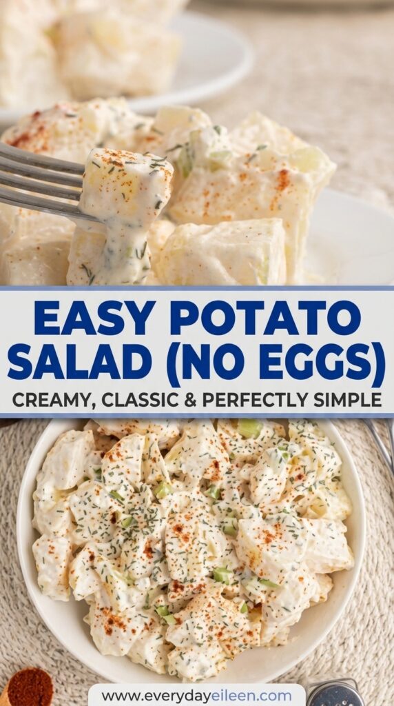 Two-panel collage showing a bowl of creamy eggless potato salad with three variations of the finished dish styled for serving.