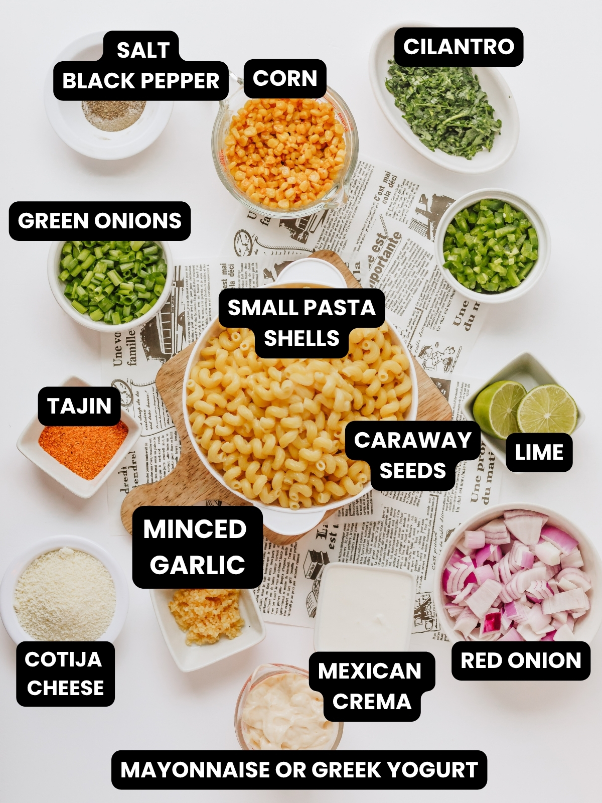 Ingredients with text overlay for the ingredients to make Mexican Corn Pasta Salad