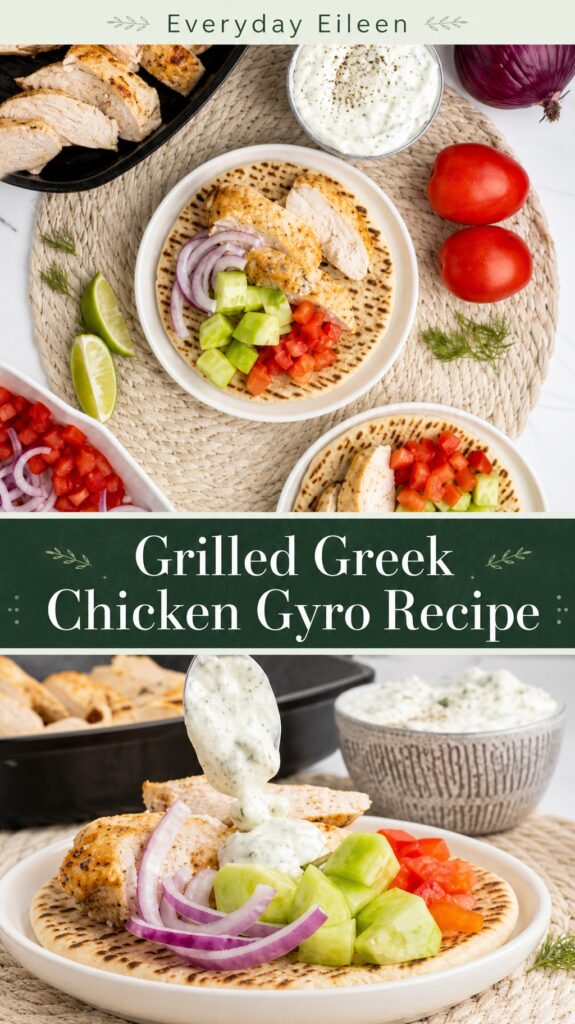 Two-panel collage showing grilled Greek chicken gyros in warm pita with fresh vegetables, feta cheese, and creamy tzatziki sauce, styled in forest green, sage, and neutral tones.