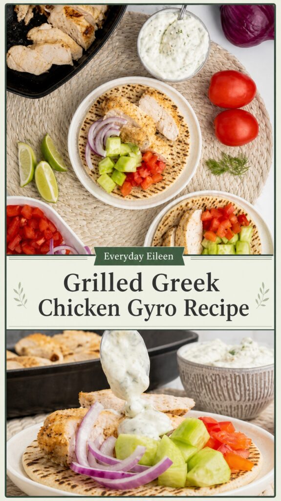 Two-panel collage showing grilled Greek chicken gyros in warm pita with fresh vegetables, feta cheese, and creamy tzatziki sauce, styled in forest green, sage, and neutral tones.