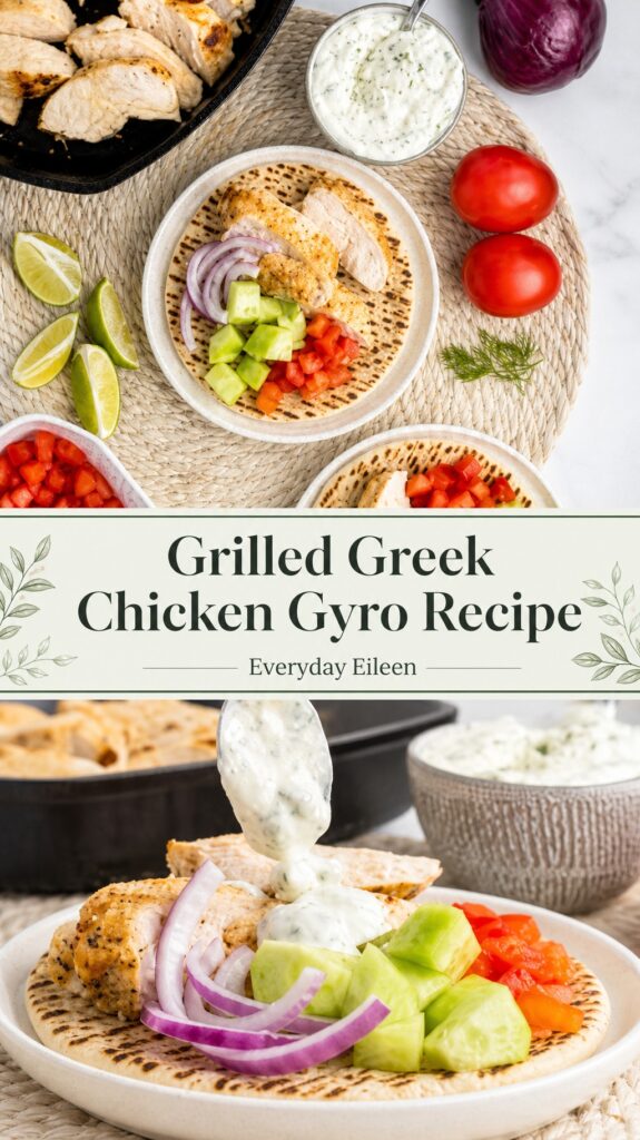 Two-panel collage of grilled Greek chicken gyros — top panel shows juicy grilled chicken slices with fresh vegetables and feta in warm pita; bottom panel highlights creamy tzatziki sauce drizzle.
