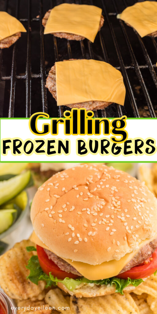Pinterest pin fro grilled frozen burgers.