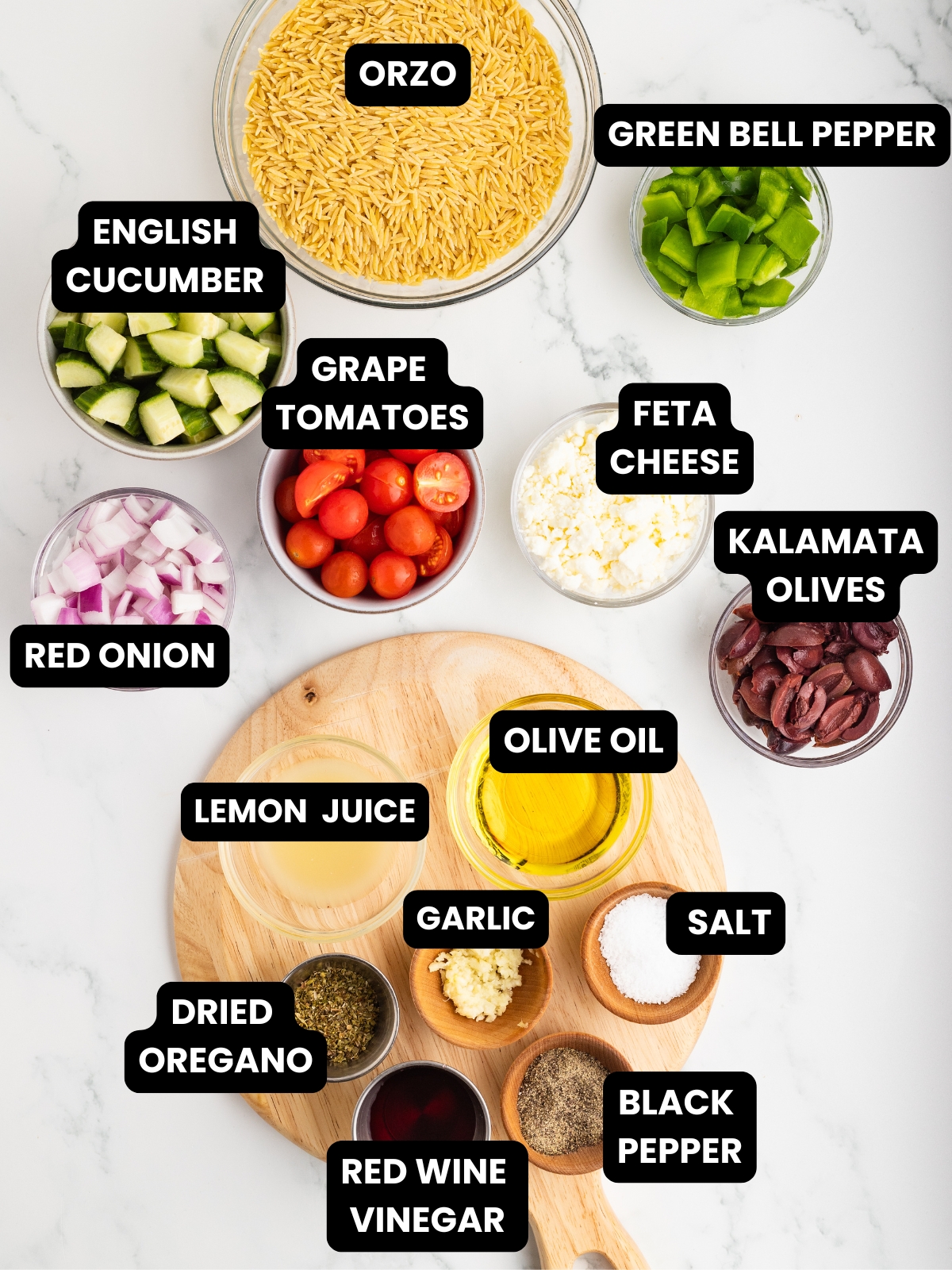 Greek Orzo Pasta salad ingredients with text overlay.