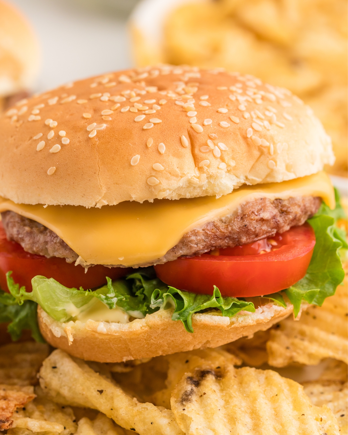 Burgers that were frozen and grilled in sesame seed buns topped with cheese, lettuce, tomatoes/