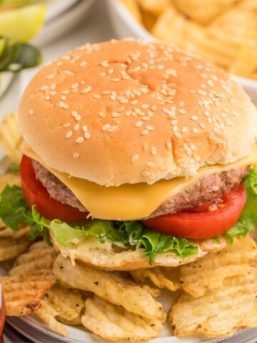 Grilled burgers made from frozen patties on a seeded bun