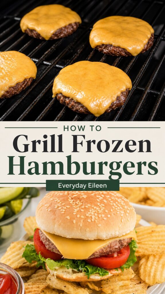 Two-panel collage showing frozen hamburger patties on a hot grill with grill marks, and a finished juicy burger stacked with toppings, styled in deep green, warm cream, and charcoal tones.