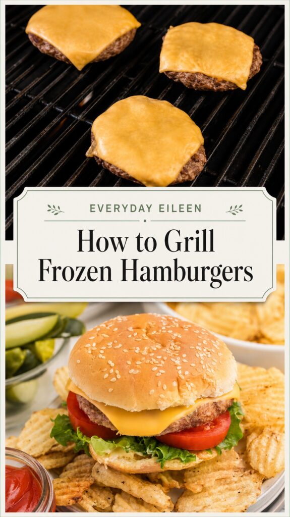 Two-panel collage showing frozen hamburger patties on a hot grill with grill marks, and a finished juicy burger stacked with toppings, styled in deep green, warm cream, and charcoal tones.
