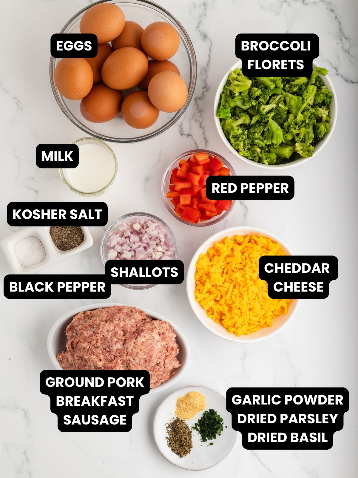 Ingredients with text overlay for sausage egg casserole.