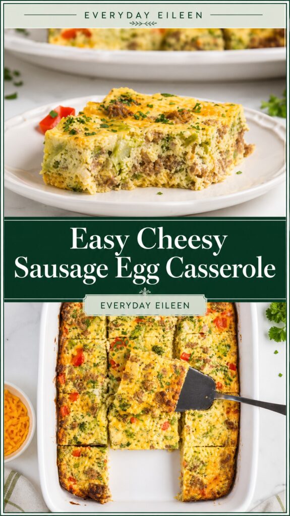 Two-panel collage showing Easy Cheesy Sausage Egg Casserole in a baking dish and a close-up slice, styled in deep greens and warm neutrals.